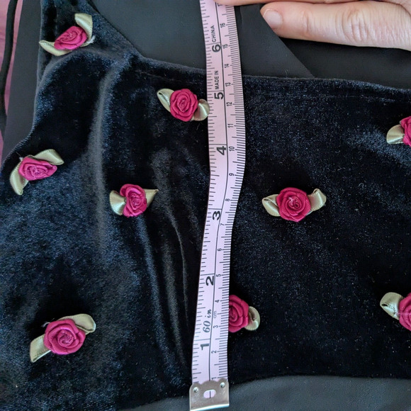 Vintage Zum Prom Dress Maxi Gown M Black Velvet Goth Y2K Babydoll Floral Grunge - Picture 9 of 13